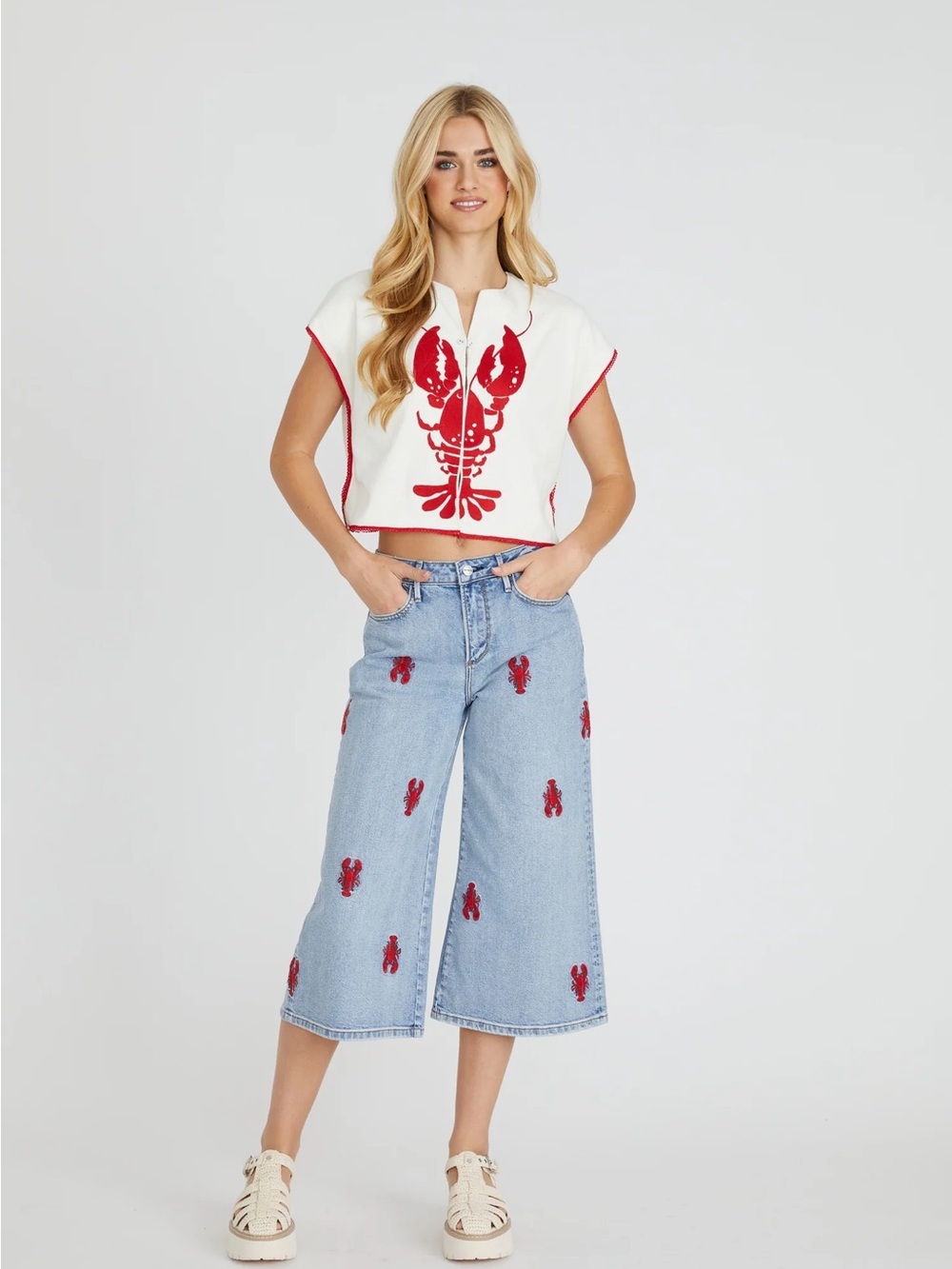 1382. DRIFTWOOD  Amie Culotte Jeans in Seaside Social / Lobster Print NWT
